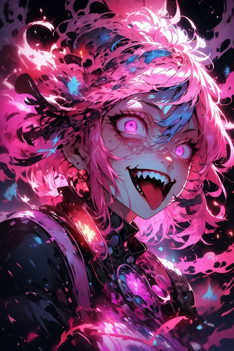 <lora:Constricted PupilsV3:0.85> constricted pupils, small pupils,
<lora:PSYCHOPHONKY:0.85> psychophonky, psychotic, crazy smile, glowing eyes, fangs, tongue sticking out ,
<lora:constricted_pupils_v0.2a:0.85> constricted pupils,
fire, particles,( pink:1.2)