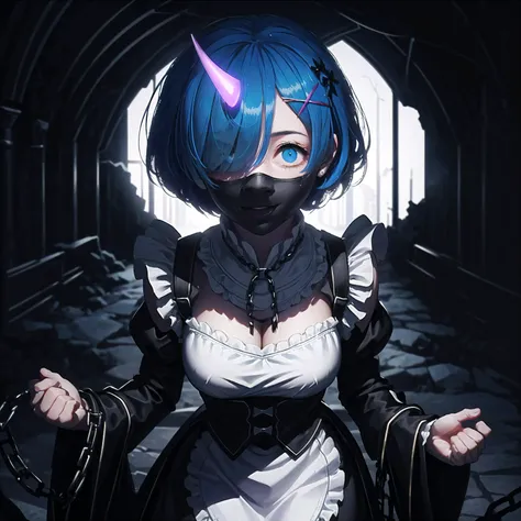 masterpiece, best quality, ultra-detailed, illustration, epic lighting, cinematic composition, (low key, dark theme:1.2), <lora:remReZero_v10:0.6> 1girl, rem_re_zero, (horn:1.2), cute, lustrous skin, enchanting gaze, blue hair, short hair, (hair over one eye:1.3), blue eyes, roswaal mansion maid uniform, apron, (white pantyhose:1.2), walking:1.1, (cowboy shot:1.2), looking at viewer, constricted pupils, crazy face, crazy eyes, crazy smile, grinning, (shaded face, shadows cast over face:1.3), epic, cinematic, dramatic, reflective, shining, purple aura, purple glow, holding chains, flowing chains, blood, bloodsplatter, blood on face, winter, snow, ice crystals, magic, particle effects, fantasy, horror, scary, mansion hallway, (glowing in the dark, emerging from the shadows, dark, darkness, pitch black, shadows:1.4), (8k:1.1), <lora:Crazy_ExpressionsV2:1>, <lora:maplestoryStyle_v30:0.3> <lora:lowra_v10:0.6>