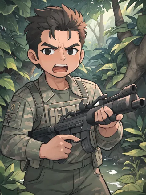 masterpiece, best quality,
1boy, arnoldterminator, muscular, sanpaku, black eyes,
army uniform, camouflage,
serious, holding gun, machine gun, shouting, (firing, firing at viewer:1.2), crew cut, muzzle,
jungle, mud,
<lora:ARWArnoldTerminator:1>
<lora:Crazy_ExpressionsV2:0.4>,
