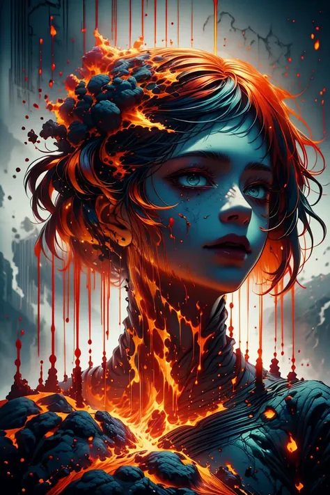 (Highly Rated Painting:1.3) of (Cel shaded:1.3) a photo of a woman, (red hair:1.2), makeup, fire, flames, <lora:ral-lava-sd15:0.9> ral-lava, lava, blood, bloody face, <lora:Constricted PupilsV3:1.2> constricted pupils, small pupils,(close portrait:1.3),thematic background, <lora:LCM_LoRA_Weights_SD15:1>