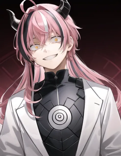 incredibly absurdres, best quality, smooth, 8k wallapaper, (spiralpunk style clothing and setting:1.3), upper body portrait, head tilted, demon eyes, constricted pupils, crazy eyes, crazy smile, grinning, teenage male character, 1boy, male focus, masculine, crew cut, (pink streaked hair:1.2), ( ahoge:1.2)