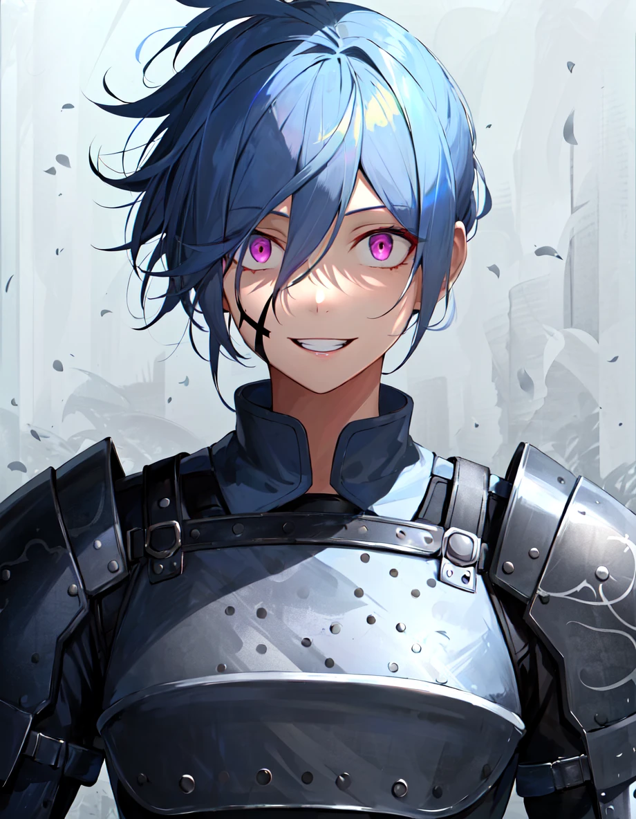 incredibly absurdres, smooth, 8k wallapaper, (shadows casted over face:1.3), dark room, shadow room, hard detailed shadows, (fantasy style clothing and background:1.3), upper body portrait and dynamic pose, dark pink eyes, constricted pupils, crazy smile , crazy eyes, looking at viewer, staring at viewer, mature female character, 1girl, grey hair and blue (gradient hair:1.2), hair between eyes, short ponytail
