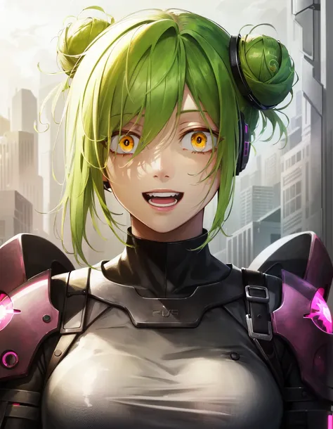 incredibly absurdres, smooth, 8k wallapaper, (shadowpunk style clothing and background:1.3), upper body portrait and dynamic pose, orange eyes, constricted pupils, shocked , crazy smile, looking at viewer, staring, mature female character, 1girl, light green hair and yellow (gradient hair:1.2), widow's peak, hair bun, shadows casted over face, dark room backgound, very little lighting, hard detailed shadows