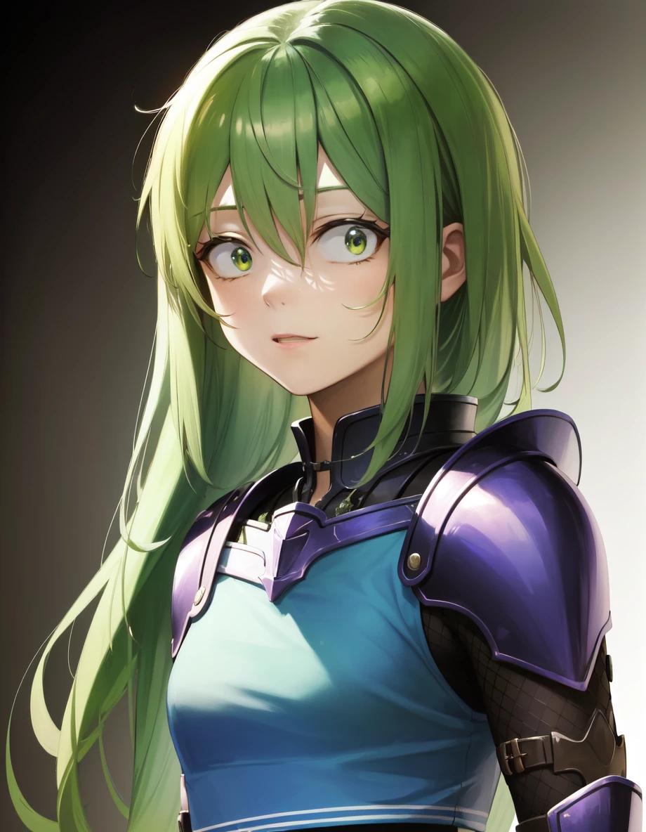 incredibly absurdres, smooth, 8k wallapaper, (fantasy style clothing and background:1.3), upper body portrait and dynamic pose, squinted eyes, constricted pupils, shocked, looking at viewer, staring, age female character, 1girl, green hair and silver (gradient hair:1.2), hair intakes, two side up, (shadows casted over face:1.3), dark room backgound, very little lighting, hard detailed shadows