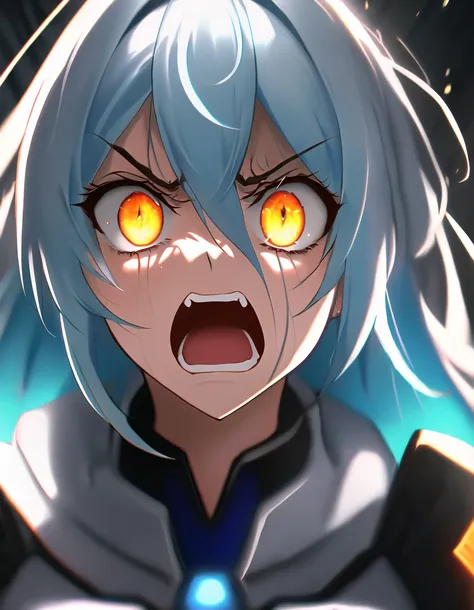 incredibly absurdres, 8k wallpaper, portrait, dynamic pose, looking at viewer, staring at viewer, elderly, old female character, 1girl, silver hair and blue (gradient hair:1.2), hair between eyes, low-tied long hair, angry, screaming, (shaded face, shadows cast over face:1.3), orange eyes, constricted pupils, (science fiction style clothing and background:1.3)