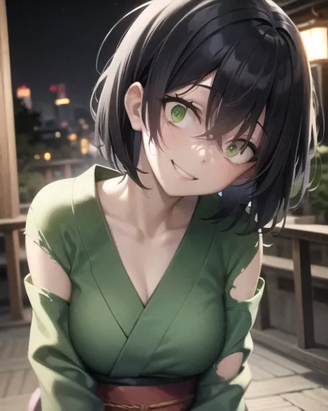 1girl, short black hair, green eyes, samurai, yukata, constricted pupils, yandere, light smile, crazy eyes, looking at viewer, kyoto night alley, atmospheric lighting, night sky, blood on clothes, torn clothes, head tilt, torn dress

<lora:Crazy expressions:1>