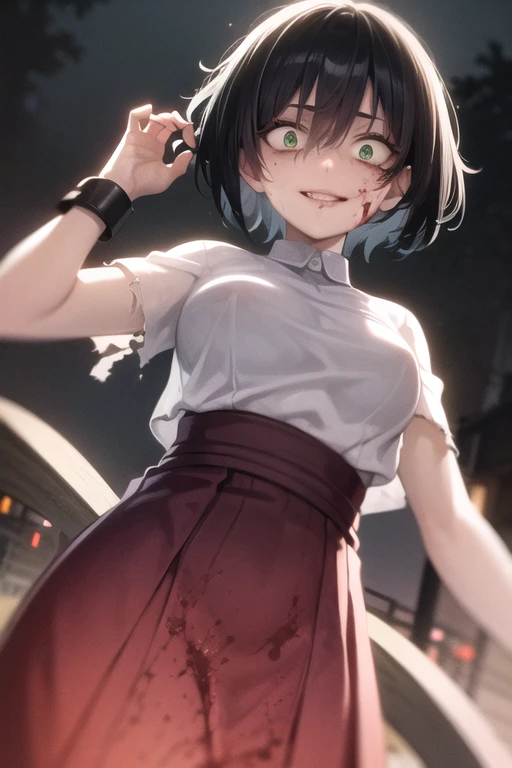 1girl, short black hair, green eyes, medium breasts, samurai warrior, constricted pupils, yandere, light smile, crazy eyes, looking at viewer, kyoto night alley, atmospheric lighting, night sky, blood, blood on face, blood on clothes, torn clothes, from below
<lora:Crazy expressions:1>