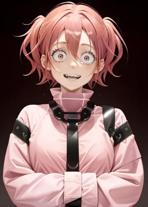 1 girl, upper body, pink hair <lora:StraitJacketV1:1> crazy face, crazy eyes, constricted pupils, small pupils, crazy smile, <lora:crazyExpressions_crazyExpressions:0.9>