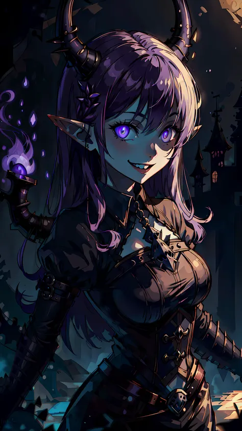 <lora:GothicPunkAI:0.8> <lora:Crazy_ExpressionsV2:0.8> gothicpunkai, 1girl, elf, pointy ears, purple hair, purple glowing eyes, crazy smile, constricted pupils, in darkness, hiding in the shadows,