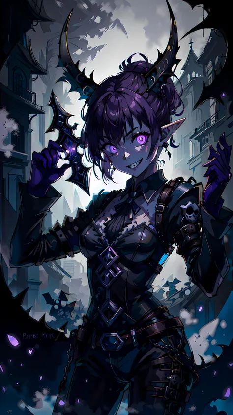 <lora:GothicPunkAI:0.8> <lora:Crazy_ExpressionsV2:0.8> gothicpunkai, 1girl, elf, pointy ears, purple hair, purple glowing eyes, crazy smile, constricted pupils, in darkness, hiding in the shadows, (outfit of a stealthy assassin)