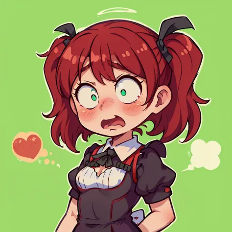 ((best quality, masterpiece)),    [(simple background:1.3),::5], ((die-cut sticker):1.1), (solid outline:1.2),
chibi, 1girl, maid, black maid uniform, red hair, twintails, green eyes , ((surprised, shocked, open mouth, blush):1.1), ((constricted pupils, small pupils)),
<lora:easy_sticker:0.5> , <lyco:Qtea_add_sugar:0.2>  <lora:Crazy_ExpressionsV2:0.7>