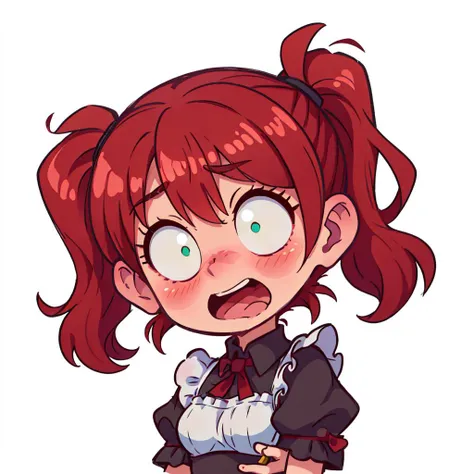 ((best quality, masterpiece)),    [(simple background:1.3),::5], ((die-cut sticker):1.1), (solid outline:1.2),
chibi, 1girl, maid, black maid uniform, red hair, twintails, green eyes , ((surprised, shocked, open mouth, blush):1.1), ((constricted pupils, small pupils)),
<lora:easy_sticker:0.5> , <lyco:Qtea_add_sugar:0.2>  <lora:Crazy_ExpressionsV2:0.7>