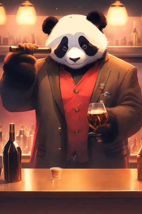 MG xiongmao,panda,solo, retrowave,volumetric lighting, night city, bar counter,suit, cigar, whiskey <lora:MG_panda:1>, (masterpiece, best quality)