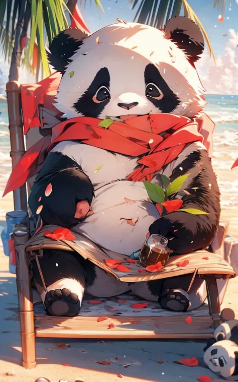 1 cute panda,outdoors,solo,On the beach,Face Close-up,portrait painting,Take the drink,hat,furry,leaf,standing,red scarf,no humans,Scarf,Coconut Tree,MG xiongmao,petals falling,Lie on the chair,Sky,Cloud,seagull,<lora:MGxiongmao_20230614171020:1>,