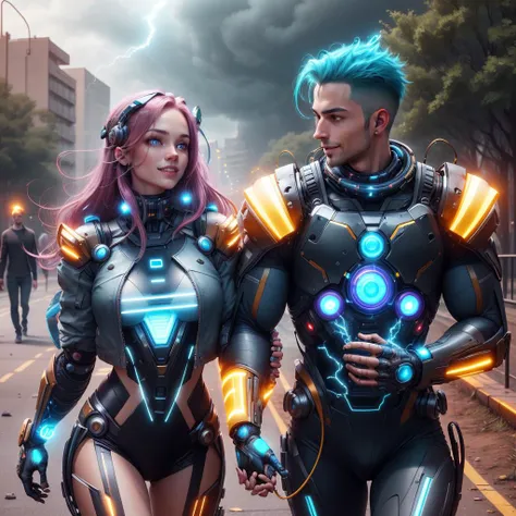 <lora:JoltTech-22:0.8>, jolttech , scifi, excessive energy ,
light smile,
couple walking in the park, long hair , short hair ,glowing colored hair, glowing eyes,looking at another,