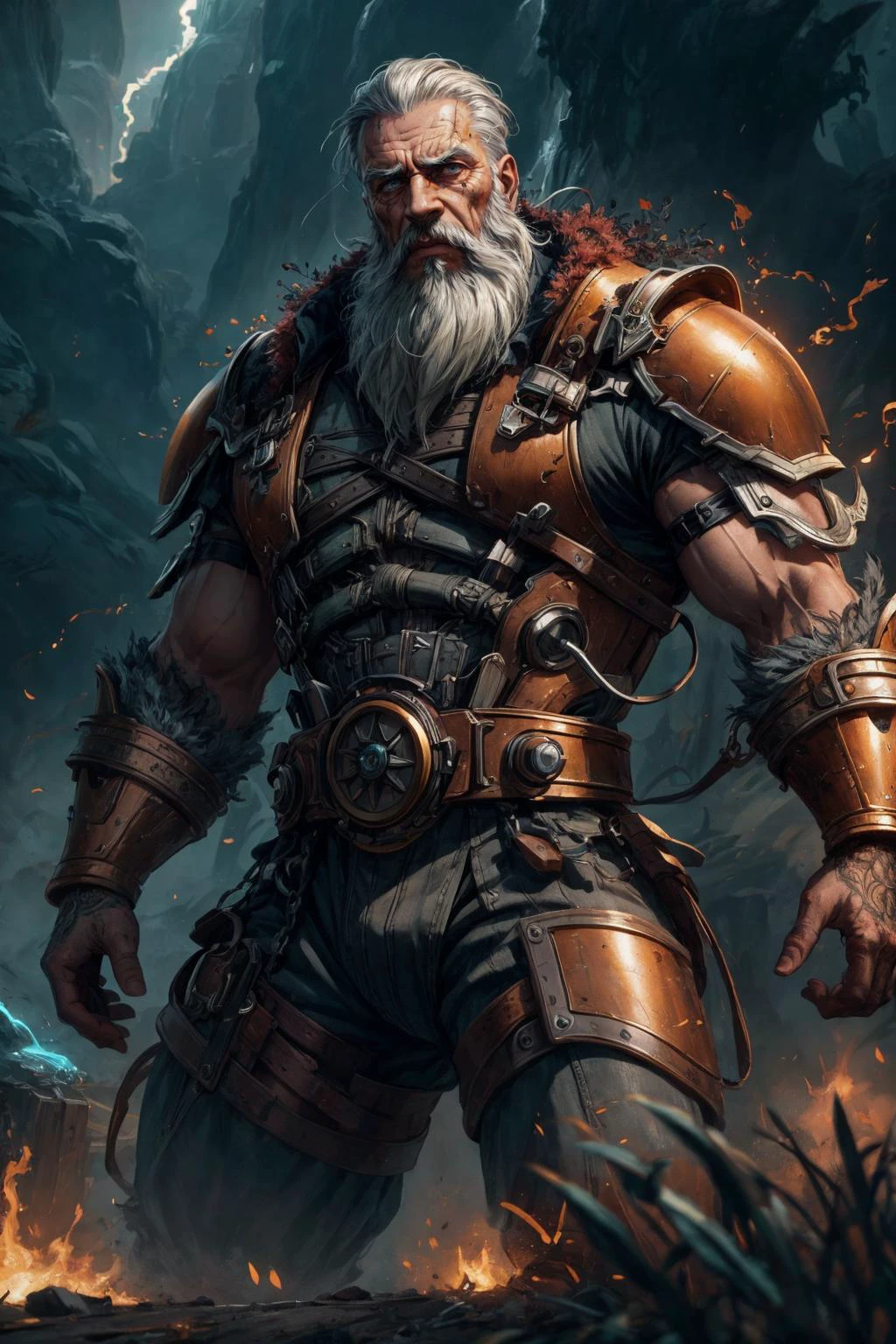 (masterpiece, best quality), game cg cinematic, <lora:add_detail:1>
(1man, old russian male:1.2), wise, grey eyes, gray hair, thick beard,
solo, (full body:0.6), looking down, detailed background, detailed face, (<lora:JoltTech:0.6>, excessive energy, lightning, jolttech theme:1.1), rust-champion, rusty armor, rusted iron, (rusty:1.05), red rust, corroded, worn-out, dented, dirt, machinery, stoic expression, dynamic pose, rust in background, dark lighting, dark clouds, cinematic atmosphere,