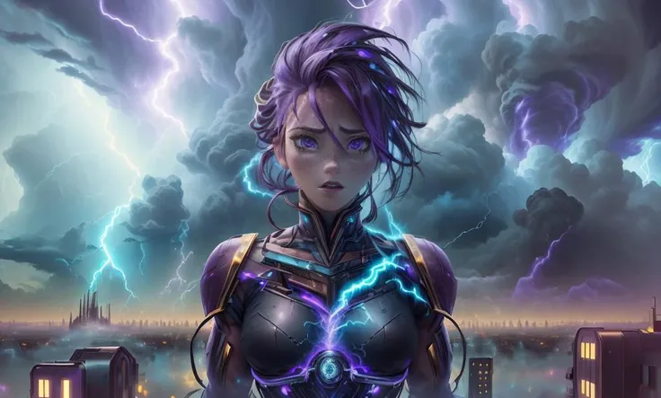 excessive energy, lightning, cosmic, dark energy, (portrait), (adult woman), (1girl, solo), ((small breasts)), ((muscular)), abs, (purple hair, medium hair), (purple eyes), (sensual, seductive), freckles, detailed skin, ((landscape, city, storm clouds)), (best quality, high detail), ((masterpiece)),  <lora:Cha - Anna v2.0:1> , (anna of arendelle),