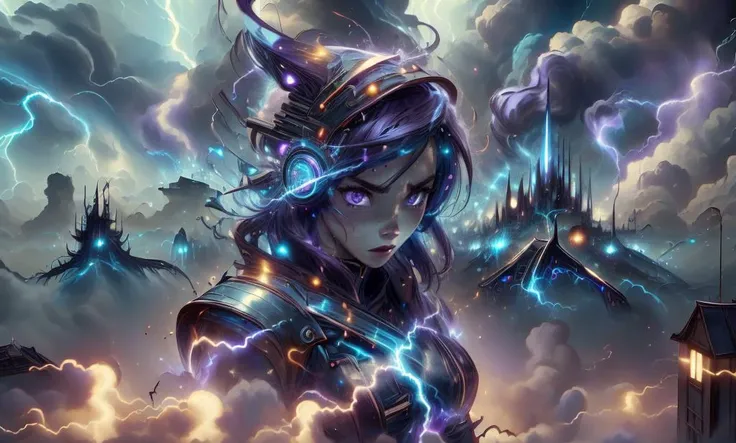 excessive energy, lightning, spell, charged aura, cosmic, dark energy, (portrait), (adult woman), (1girl, solo), (skimpy outfit), ((small breasts)), ((muscular)), abs, (purple hair, medium hair), (purple eyes), (determined), freckles, detailed skin, ((landscape, city, storm clouds)), (best quality, high detail), ((masterpiece)), <lora:Cha - Anna v2.0:.8> , (anna of arendelle),