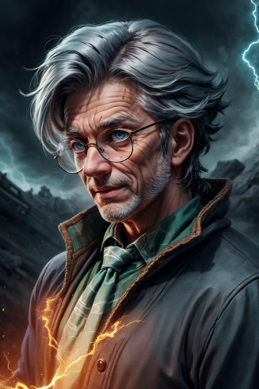 (masterpiece, best quality), aesthetic illustration, stylized digital art, colorful paint style, <lora:add_detail:1>, <lora:anime3d:0.75>, <lora:3DMM_V12:0.25>, 3DMM,
(1man, wrinkled face, old male:1.2), frail, teal eyes, gray hair, sideburns,
(style-swirlmagic:0.8), looking away, solo, upper body, detailed background, detailed face, (<lora:JoltTech:0.6>, excessive energy, storm, scifi, jolttech theme:1.1), hogwarts student, smiling, playful, (slytherin :1.1), neckerchief, glasses, cardigan, dynamic pose, casting spell, controlling the water, <lora:waterVFX:0.4>, hogwarts classroom in background, backlighting, sunlight,
