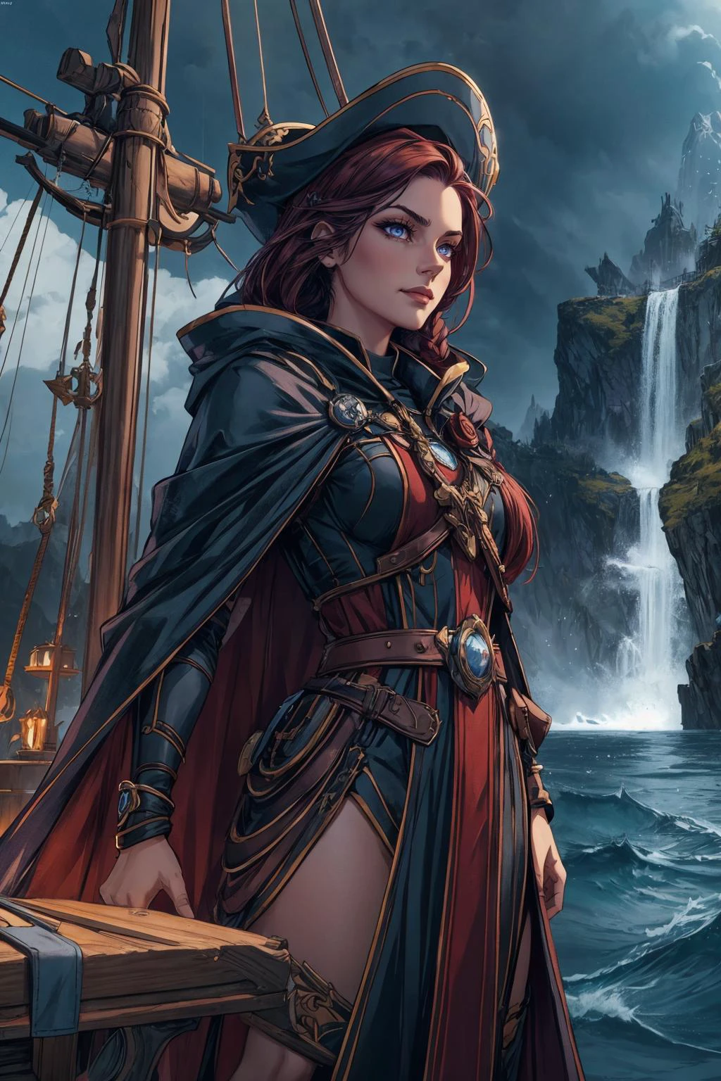 <lora:add_detail:0.5>, <lora:FZB_line_weights:0.4>, <lora:realistic:0.1>, <lora:sharpen-soften:-0.1>,
1 girl, adult (elven:0.7) woman, purple eyes, chestnut waterfall braid,
portrait, solo, (full body:0.6), looking away, detailed background, detailed face, (<lora:JoltTech:0.6>, scifi, jolttech theme:1.1), admiral, smiling, dark red elaborate naval uniform, cloak, tricorn hat, flag, on deck of ship, sails, rigging, rail, ship's bell, nautical tools, fleet in background, stormy, dramatic lighting, cinematic atmosphere,