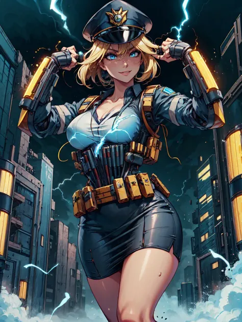 (masterpiece:1.2, best quality:1.2, beautiful, high quality, highres:1.1), detailed, extremely detailed 4K, perfect eyes, perfect face, perfect lighting, <lora:tool_addDetail:0.15>,(1girl, solo, adult female, mature female), <lora:detailed_eyes:0.3>,
<lora:style_joltTech_(jolttech--excessive energy--scifi):0.95>, excessive energy, covered in lightning, scifi,
[muscular], lithe body, leg muscles, large breasts, skindentation,
jolttech police officer, pencil skirt, (jolttech bulletproof vest, bulletproof vest), (v-neck:1.2), standing, city background, police hat, smile, jolttech gauntlets,