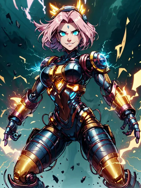(masterpiece:1.2, best quality:1.2, high quality, highres:1.1), detailed, extremely detailed, 4K, perfect lighting, <lora:tool_addDetail:0.25>,
<lora:style_joltTech_(jolttech--excessive energy--scifi):0.95>, excessive energy,
<lora:character_harunoSakuraNaruto_lykon:0.6>, haruno sakura, pink hair, green eyes, glowing eyes, jolttech forehead mark, forehead mark,
scifi, skin tight jolttech armor, smirk, action pose, jolttech helmet, muscular,