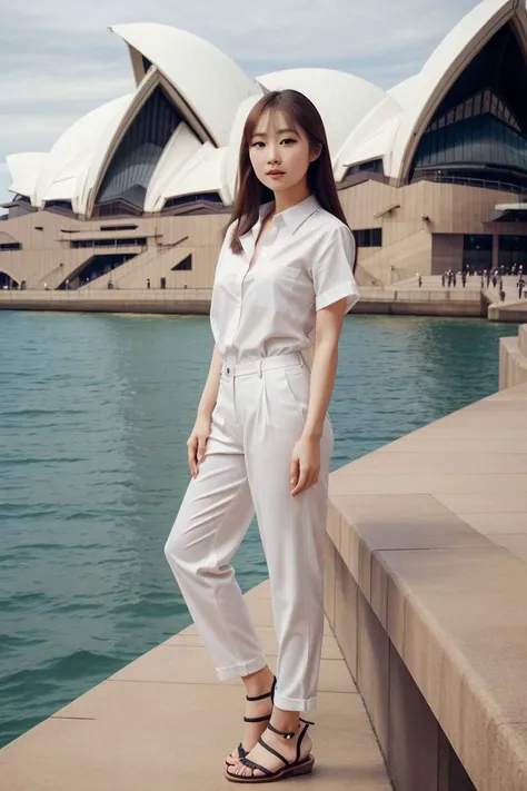 <lora:aniki_lin_obj20:0.5 >, full_body, standing, sandals, (shirt), pants, (sydney opera house), (aniki_lin: 1.2), perfect face, (contact iris: 1.1), pale skin, skin pores , depth of field