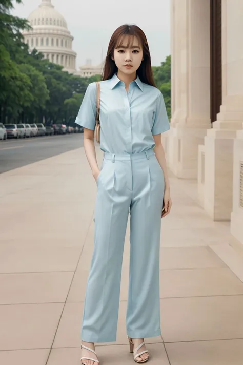 <lora:miku_takaoka_obj20:0.5 >, full_body, standing, sandals, (shirt), pants, (sydney opera house), (miku_takaoka: 1.2), perfect face, (contact iris: 1.1), pale skin, skin pores , depth of field
