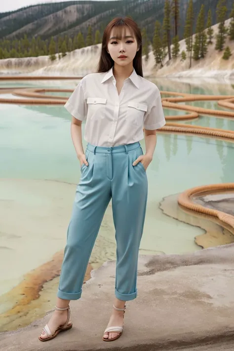 <lora:aniki_lin_obj20:0.5 >, full_body, standing, sandals, (shirt), pants, (yellowstone), (aniki_lin: 1.2), perfect face, (contact iris: 1.1), pale skin, skin pores , depth of field