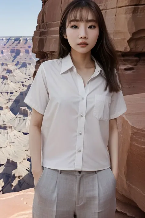 <lora:aniki_lin_obj20:0.6 >, full_body, standing, sandals, (shirt), pants, (grand canyon), (aniki_lin: 1.2), perfect face, (contact iris: 1.1), pale skin, skin pores , depth of field