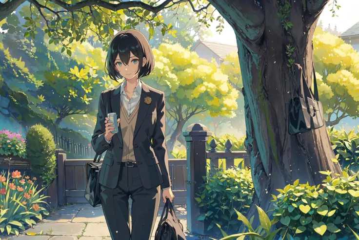 (masterpiece:1.2), best quality,PIXIV, The Garden of Words,
solo, 1girl, short hair, black hair, can, bob cut, jacket, bag, tree, formal, suit
<lora:The Garden of Words_20230619154444-000017:0.8>