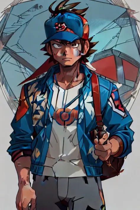 ((masterpiece, high quality, high-detail), BarbarianT, muscular male, ((Hilbert\(pokemon\), brown eyes, brown hair, messy hair, short hair, scruffy hair, blue windbreaker, blue jacket, blue coat, red baseball cap, white baseball cap, pokeball print baseball cap, shoulder bag, black pants, red sneakers)), (Generation 5)