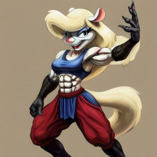 Minerva Mink (Animaniacs), <lora:BarbarianT-18:0.8>, BarbarianT, muscular female, abs, dynamic pose, scar, best quality, masterpiece, highres