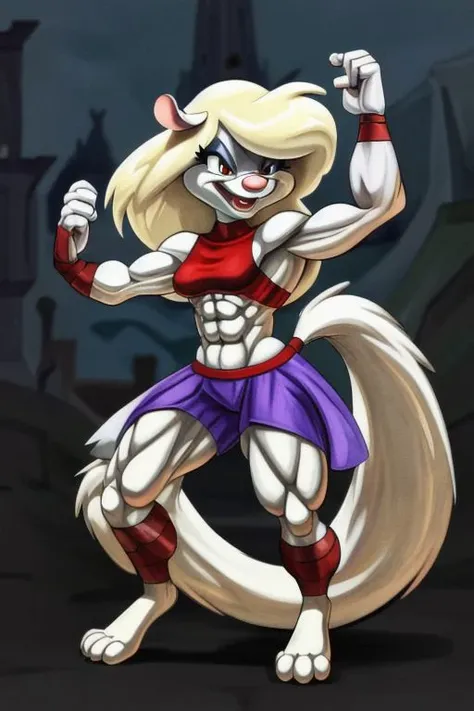Minerva Mink (Animaniacs), <lora:BarbarianT-18:0.8>, BarbarianT, muscular female, abs, dynamic pose, scar, best quality, masterpiece, highres