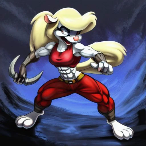 Minerva Mink (Animaniacs), <lora:BarbarianT-18:0.8>, BarbarianT, muscular female, abs, dynamic pose, scar, best quality, masterpiece, highres