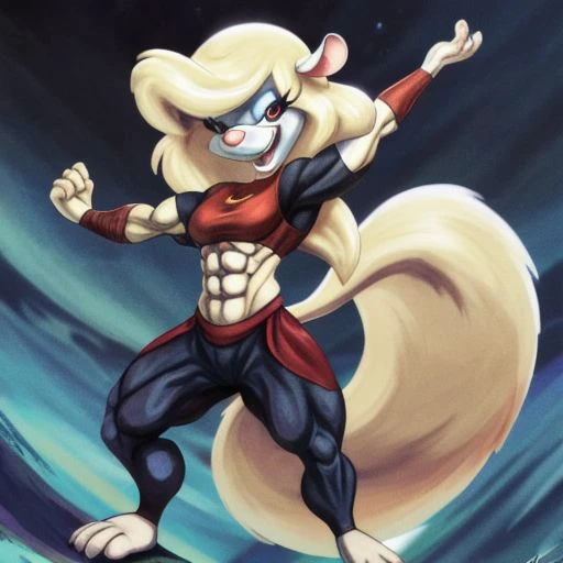 Minerva Mink (Animaniacs), <lora:BarbarianT-18:0.8>, BarbarianT, muscular female, abs, dynamic pose, scar, best quality, masterpiece, highres