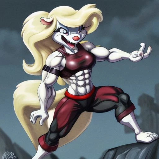 Minerva Mink (Animaniacs), <lora:BarbarianT-18:0.8>, BarbarianT, muscular female, abs, dynamic pose, scar, best quality, masterpiece, highres