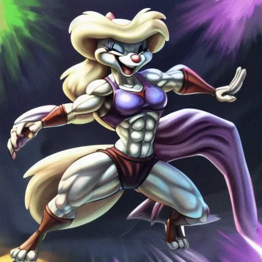 Minerva Mink (Animaniacs), <lora:BarbarianT-18:0.8>, BarbarianT, muscular female, abs, dynamic pose, scar, best quality, masterpiece, highres