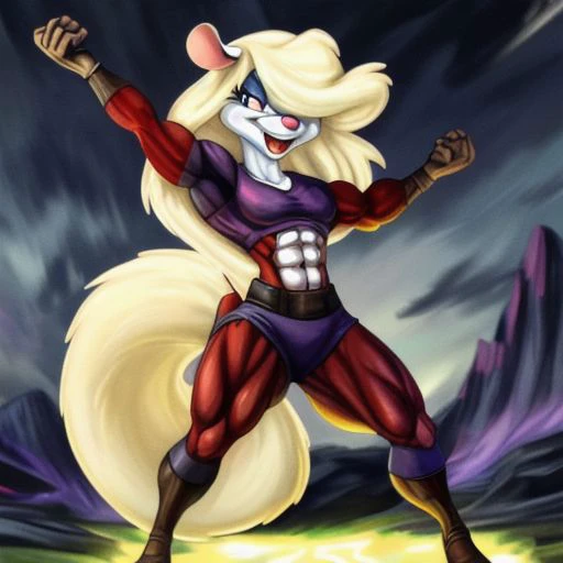 Minerva Mink (Animaniacs), <lora:BarbarianT-18:0.8>, BarbarianT, muscular female, abs, dynamic pose, scar, best quality, masterpiece, highres