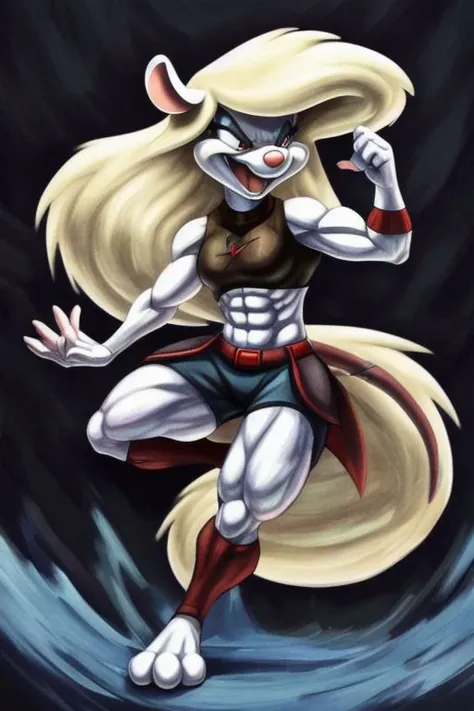 Minerva Mink (Animaniacs), <lora:BarbarianT-18:0.8>, BarbarianT, muscular female, abs, dynamic pose, scar, best quality, masterpiece, highres