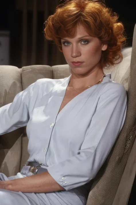 Upper-body professional publicity photo of (young) (mariluhenner ) (looking) at viewer, with high detail on face, eyes and lips; she is wearing a full-length skirt and a blouse; professional photograph, Zeiss 50mm F8, award-winning photo, (muted) photographic stock, 1970s