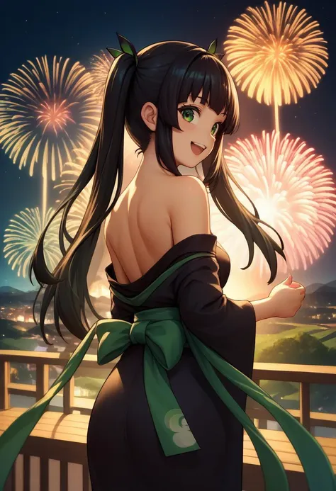 score_9, score_8_up, score_7_up, source_anime, from behind, solo, 1girl, steamdeck, happy, looking back, twintails, black kimono, off shoulder, green sash, bare shoulders, fireworks <lora:consolegirls_steamdeck_ponyXL-000012:1>