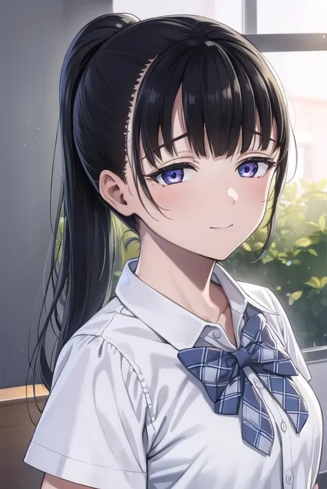 yuitachibana, <lora:yuitachibana-lora-nochekaiser:1>,
yui tachibana, long hair, bangs, ponytail, black hair, (purple eyes:1.1), <lora:sensualface_type4:0.8>, smile,
BREAK skirt, bow, school uniform, pleated skirt, shirt, white shirt, collared shirt, short sleeves, green bow,
BREAK indoors, classroom,
BREAK looking at viewer, (cowboy shot:1.5),
BREAK <lyco:GoodHands-beta2:1>, (masterpiece:1.2), best quality, high resolution, unity 8k wallpaper, (illustration:0.8), (beautiful detailed eyes:1.6), extremely detailed face, perfect lighting, extremely detailed CG, (perfect hands, perfect anatomy),