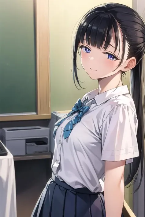 yuitachibana, <lora:yuitachibana-lora-nochekaiser:1>,
yui tachibana, long hair, bangs, ponytail, black hair, (purple eyes:1.1), <lora:sensualface_type4:0.8>, smile,
BREAK skirt, bow, school uniform, pleated skirt, shirt, white shirt, collared shirt, short sleeves, green bow,
BREAK indoors, classroom,
BREAK looking at viewer, (cowboy shot:1.5),
BREAK <lyco:GoodHands-beta2:1>, (masterpiece:1.2), best quality, high resolution, unity 8k wallpaper, (illustration:0.8), (beautiful detailed eyes:1.6), extremely detailed face, perfect lighting, extremely detailed CG, (perfect hands, perfect anatomy),