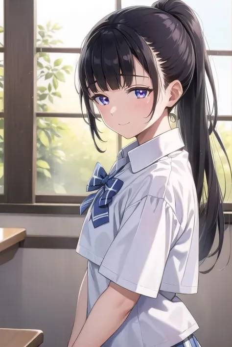 yuitachibana, <lora:yuitachibana-lora-nochekaiser:1>,
yui tachibana, long hair, bangs, ponytail, black hair, (purple eyes:1.1), <lora:sensualface_type4:0.8>, smile,
BREAK skirt, bow, school uniform, pleated skirt, shirt, white shirt, collared shirt, short sleeves, green bow,
BREAK indoors, classroom,
BREAK looking at viewer, (cowboy shot:1.5),
BREAK <lyco:GoodHands-beta2:1>, (masterpiece:1.2), best quality, high resolution, unity 8k wallpaper, (illustration:0.8), (beautiful detailed eyes:1.6), extremely detailed face, perfect lighting, extremely detailed CG, (perfect hands, perfect anatomy),