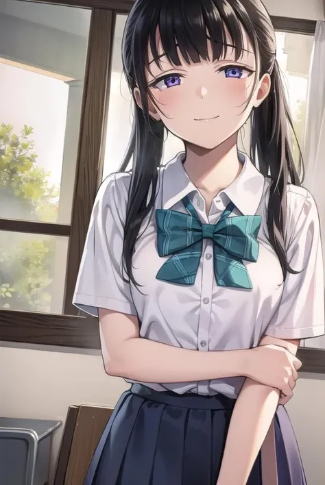 yuitachibana, <lora:yuitachibana-lora-nochekaiser:1>,
yui tachibana, long hair, bangs, ponytail, black hair, (purple eyes:1.1), <lora:sensualface_type4:0.8>, smile,
BREAK skirt, bow, school uniform, pleated skirt, shirt, white shirt, collared shirt, short sleeves, green bow,
BREAK indoors, classroom,
BREAK looking at viewer, (cowboy shot:1.5),
BREAK <lyco:GoodHands-beta2:1>, (masterpiece:1.2), best quality, high resolution, unity 8k wallpaper, (illustration:0.8), (beautiful detailed eyes:1.6), extremely detailed face, perfect lighting, extremely detailed CG, (perfect hands, perfect anatomy),