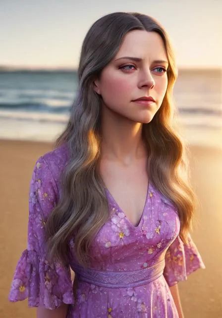 lndswgnr_v1.0, (Sharp focus: 1.5), (sharp focus:1.2), portrait, attractive young woman, (beautiful face:1.1), detailed eyes, luscious lips, (eye makeup:1.2), (tight body:1.2), wearing (flowery dress:1.2) at (the beach:1.2). (morning sun lighting:1.2), depth of field, bokeh, 4K, HDR. by (James C. Christensen:1.2|Jeremy Lipking:1.1).