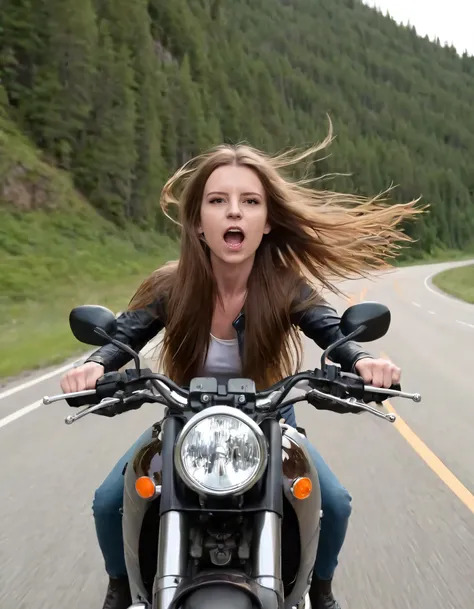 Elise Ecklund, a powerful and passionate woman with brown hair cascading down her back, confidently rode her motorcycle, exhibiting her passion for both freedom and adventure; her brown eyes radiating determination as they scanned the open road, her parted lips revealing a hint of excitement, while the wind whisked through her long hair and caressed her closed mouth. <lora:xmwvuj18e78213268hda:1>