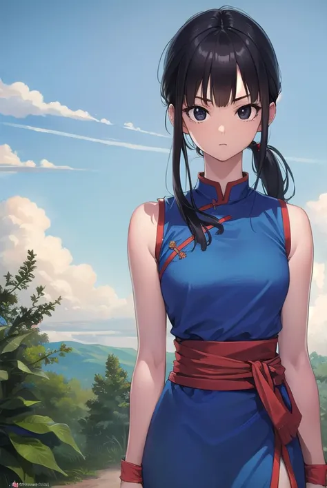 dragonballchichi, <lyco:chichi-lyco-nochekaiser:1>, 
chi chi, (black eyes:1.5), black hair, long hair, hime cut, blunt bangs, sidelocks,
BREAK bare arms, blue dress, china dress, chinese clothes, dress, high collar, obi, pants, ponytail, red pants, red sash, red wristband, sash, side slit, sleeveless, sleeveless dress, wristband
BREAK outdoors, nature, forest, cloud, sky, sun,
BREAK looking at viewer, (cowboy shot:1.5),
BREAK <lyco:GoodHands-beta2:1>, (masterpiece:1.2), best quality, high resolution, unity 8k wallpaper, (illustration:0.8), (beautiful detailed eyes:1.6), extremely detailed face, perfect lighting, extremely detailed CG, (perfect hands, perfect anatomy),