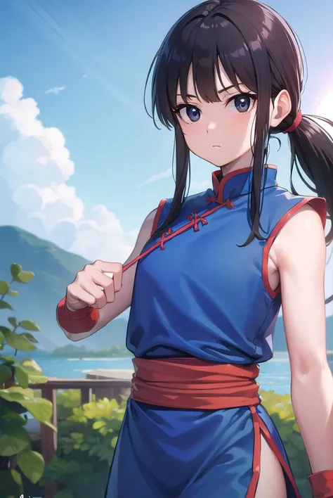 dragonballchichi, <lyco:chichi-lyco-nochekaiser:1>,
chi chi, (black eyes:1.5), black hair, long hair, hime cut, blunt bangs, sidelocks,
BREAK bare arms, blue dress, china dress, chinese clothes, dress, high collar, obi, pants, ponytail, red pants, red sash, red wristband, sash, side slit, sleeveless, sleeveless dress, wristband
BREAK outdoors, nature, forest, cloud, sky, sun,
BREAK looking at viewer, (cowboy shot:1.5),
BREAK <lyco:GoodHands-beta2:1>, (masterpiece:1.2), best quality, high resolution, unity 8k wallpaper, (illustration:0.8), (beautiful detailed eyes:1.6), extremely detailed face, perfect lighting, extremely detailed CG, (perfect hands, perfect anatomy),
